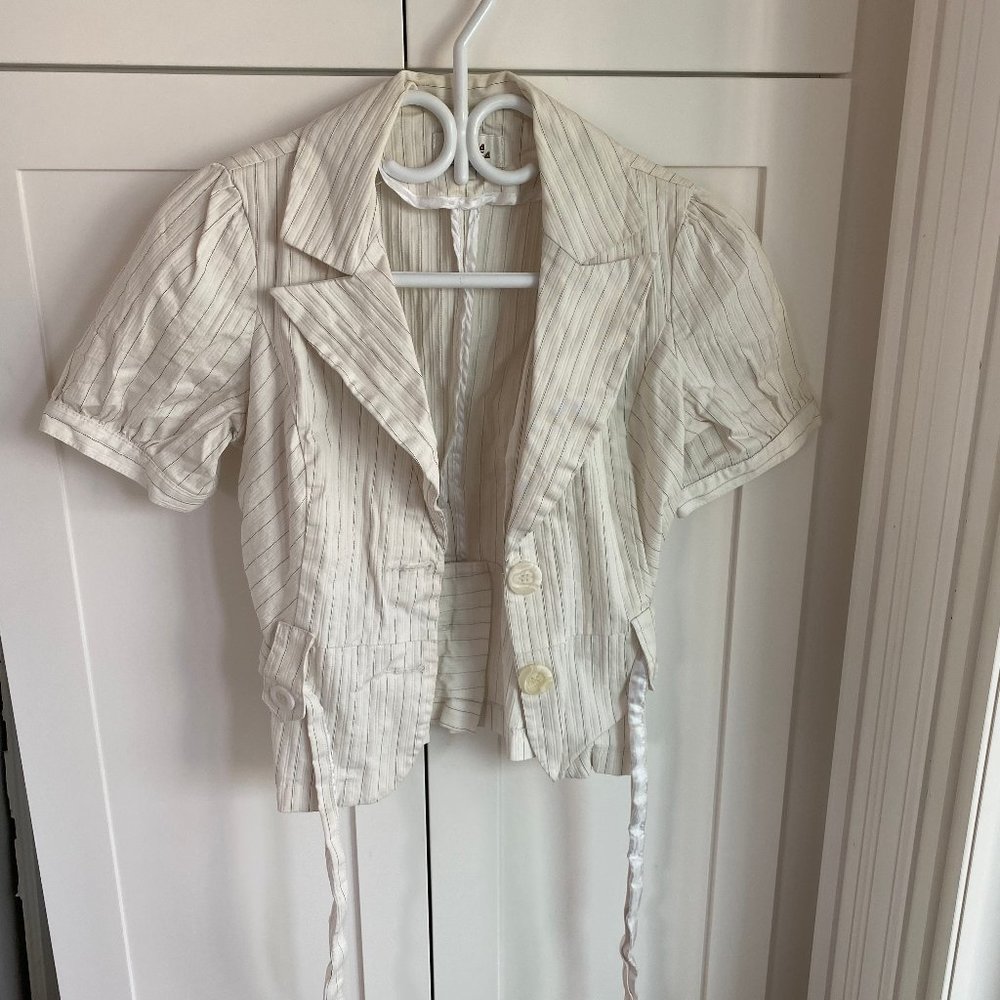 Vintage 00s Costa Blanca - White Pinstripe Wrap Shirt w Buttons & Belt - Size 8